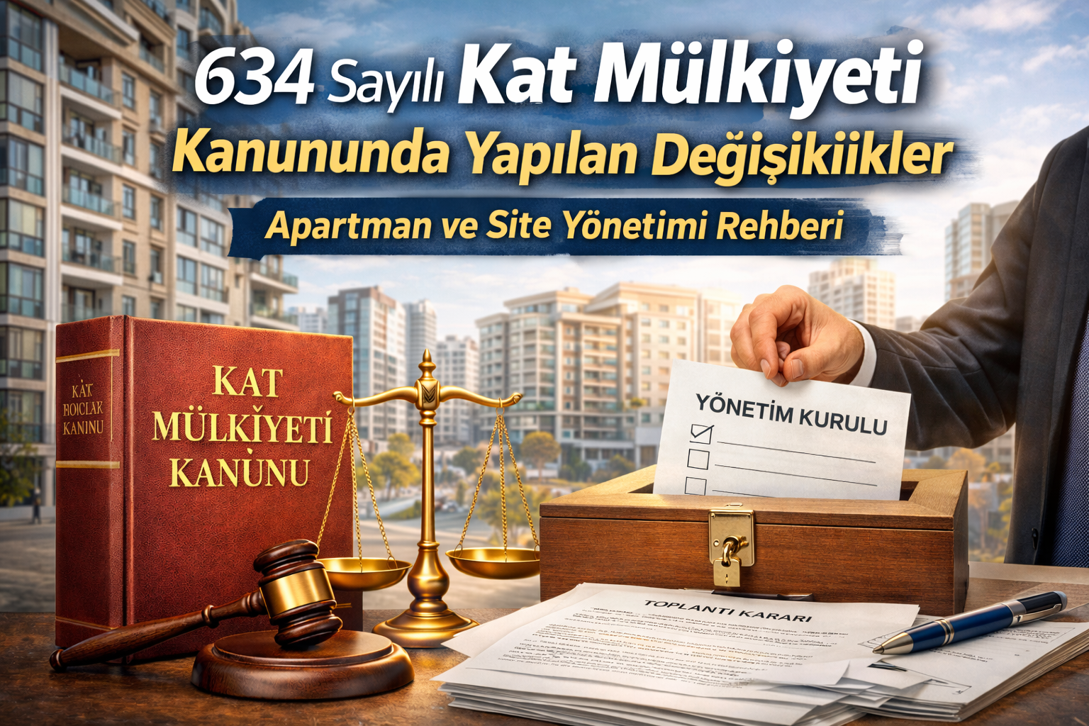 634 sayılı Kat Mülkiyeti Kanununda yapılan değişiklikleri ve apartman site yönetimini anlatan kapak görseli