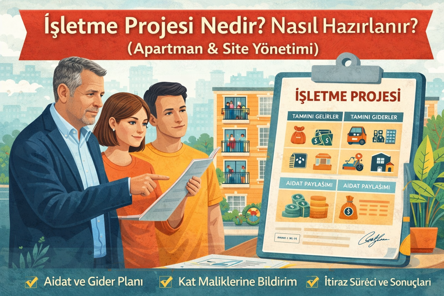 Apartman ve site yönetiminde işletme projesinin hazırlanmasını anlatan, gelir-gider tablosu inceleyen yöneticiler