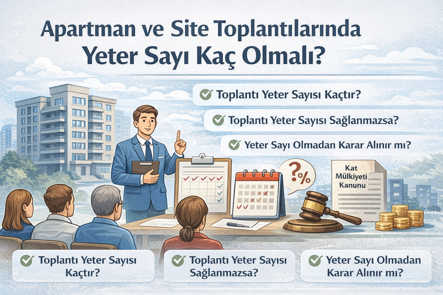 Apartman ve site toplantılarında kat malikleri kurulunda yeter sayı hesaplanmasını anlatan görsel