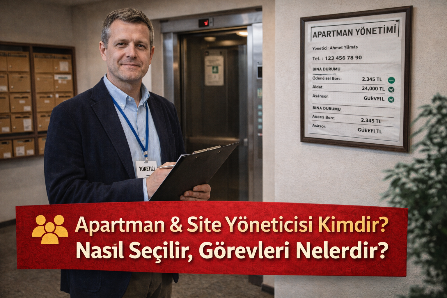 Apartman ve site yöneticisi görevlerini gösteren profesyonel bina yönetimi görseli