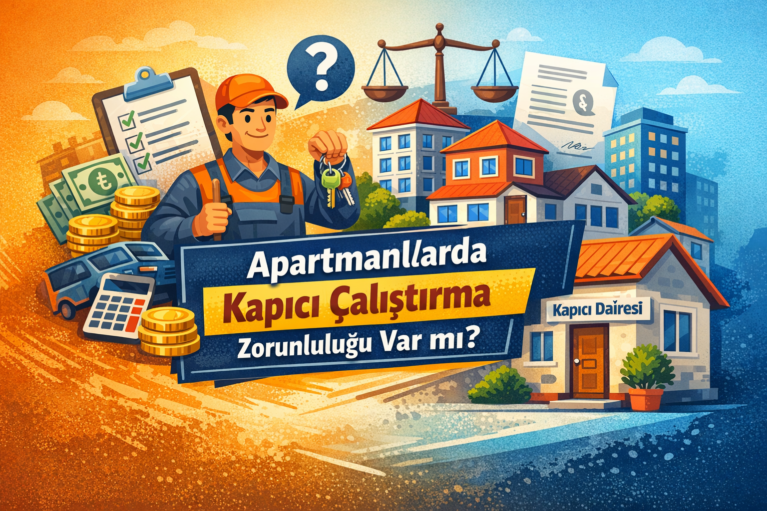 Apartmanlarda kapıcı çalıştırma zorunluluğu, kapıcı dairesi ve yasal yükümlülükleri anlatan bilgilendirici görsel