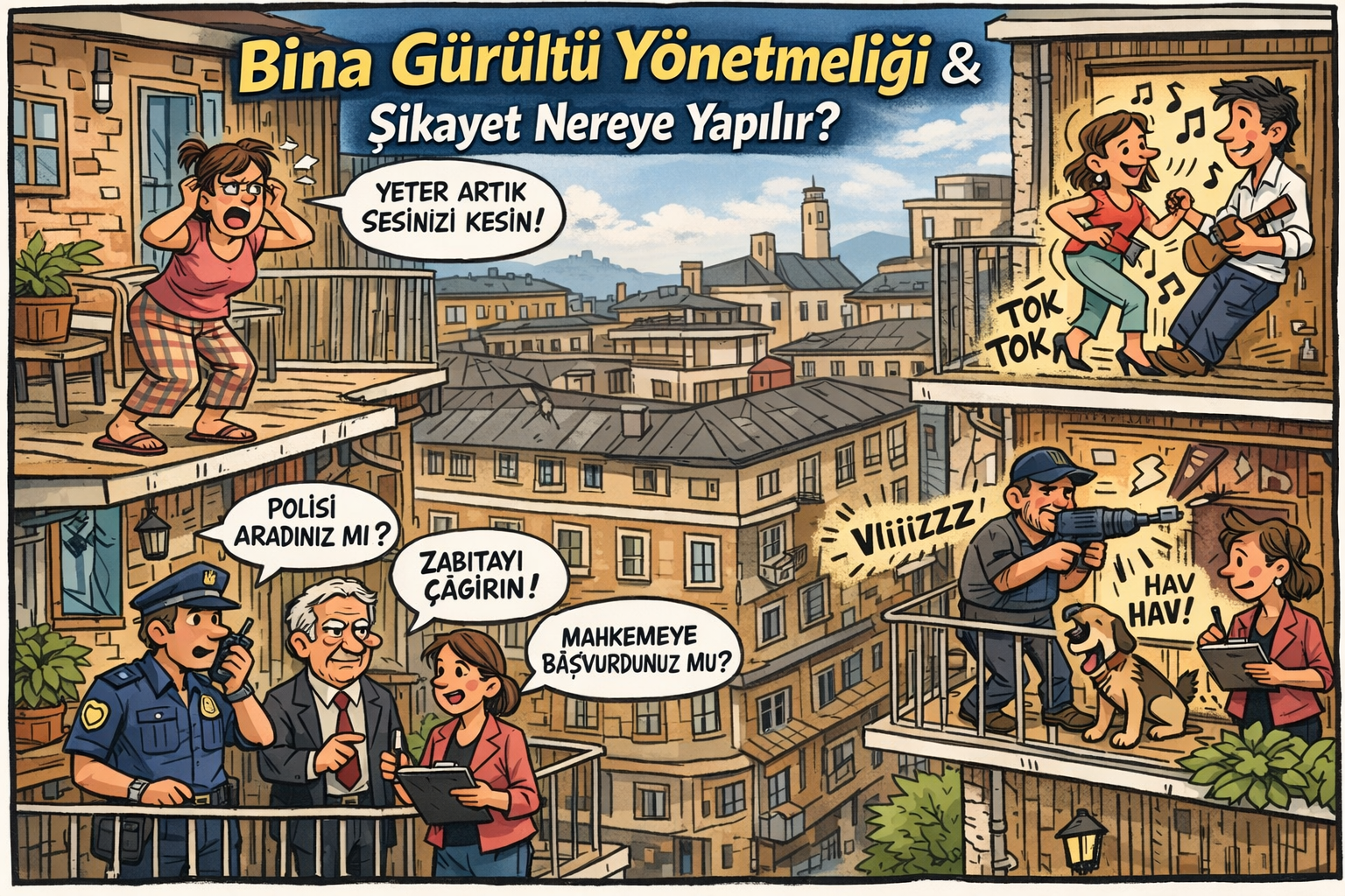 Bina gürültü yönetmeliği ve gürültü yapan komşu şikayeti sürecini anlatan çizim kapak görseli