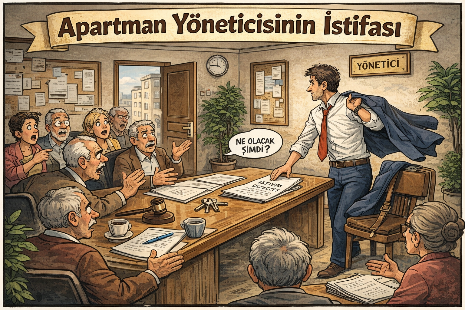 Bina yöneticisinin istifasını ve bina sakinlerinin yaşadığı belirsizliği anlatan çizim kapak görseli