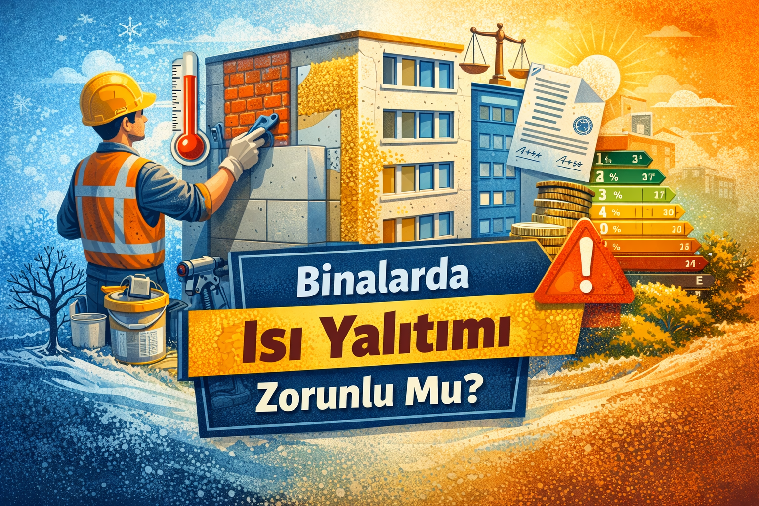 Binalarda ısı yalıtımı uygulaması ve yalıtım zorunluluğunu anlatan görsel