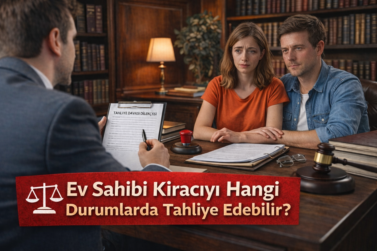 Ev sahibi ile kiracının tahliye davası hakkında hukuk danışmanlığı aldığı toplantıyı gösteren görsel