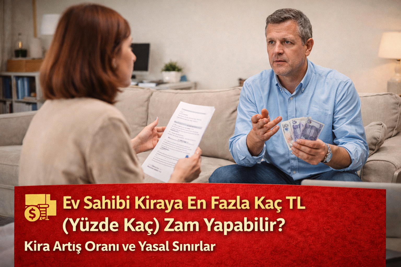 Ev sahibi ve kiracı arasında kira artış oranının konuşulduğu, sözleşme ve para bulunan gerçek yaşam sahnesi