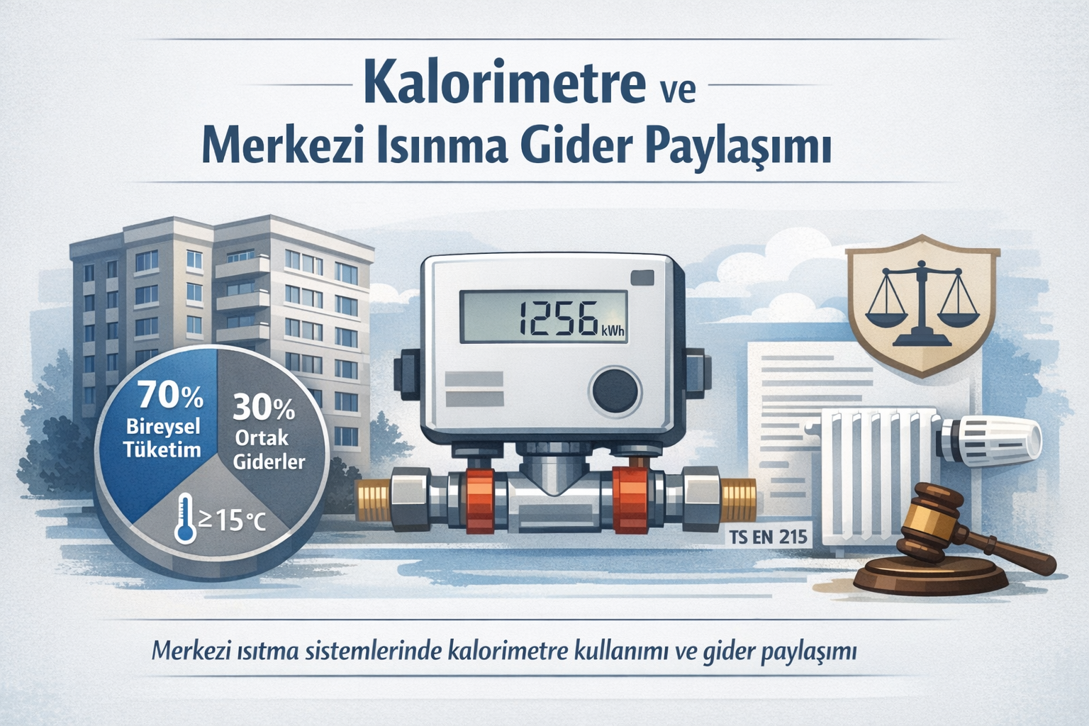 Kalorimetre ile merkezi ısıtma giderlerinin adil şekilde paylaştırılmasını anlatan görsel