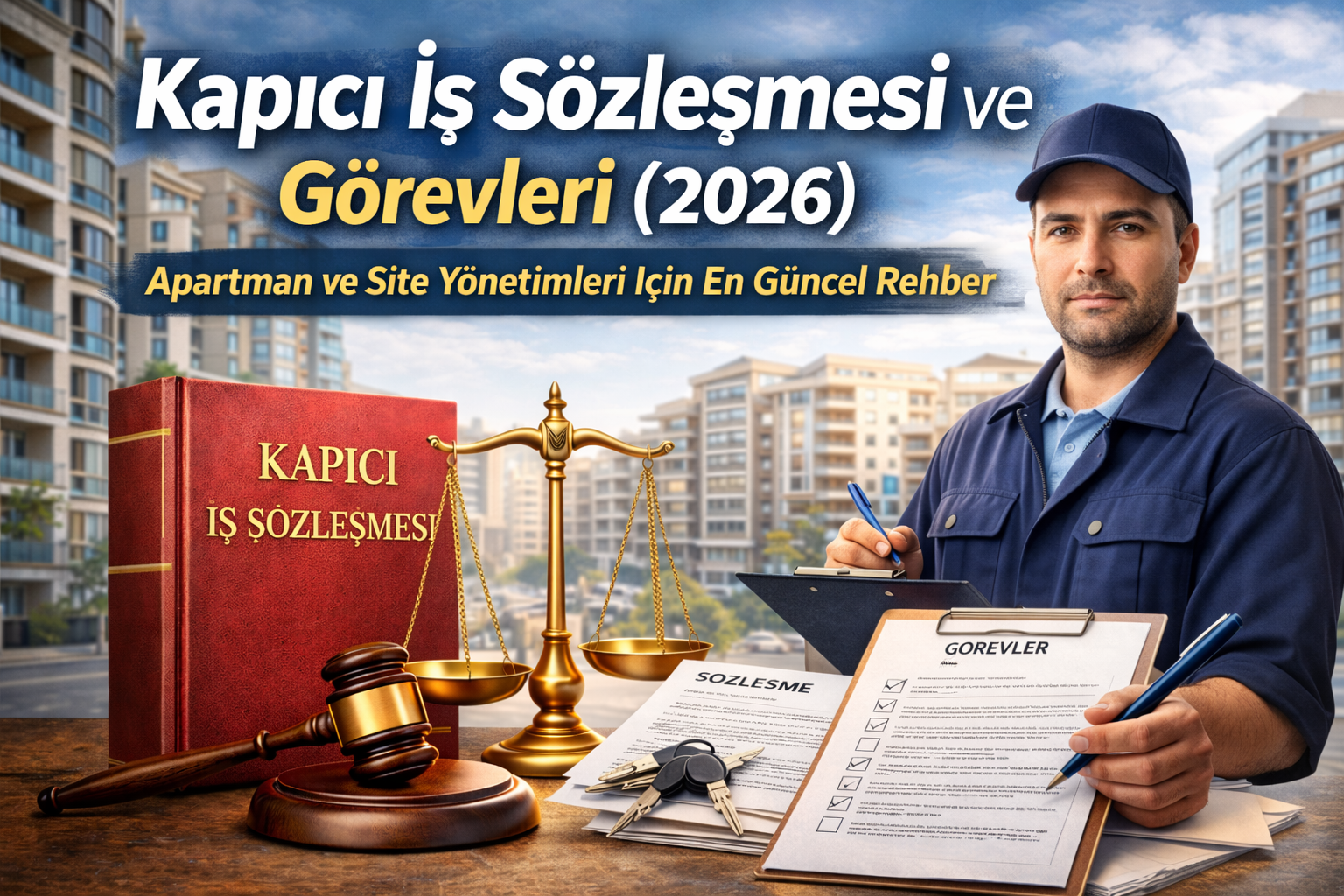 Kapıcı iş sözleşmesi ve görevlerini anlatan apartman ve site yönetimi temalı kapak görseli