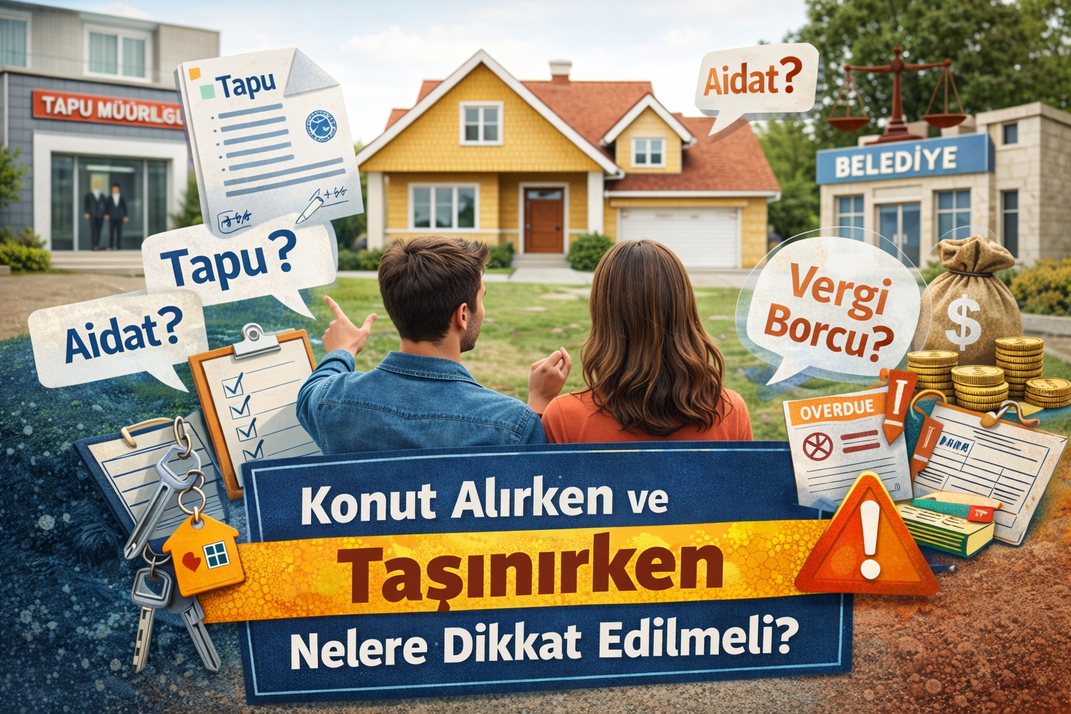 Konut alırken tapu, aidat, vergi borcu ve belediye kontrollerini inceleyen çift – ev satın alma rehberi
