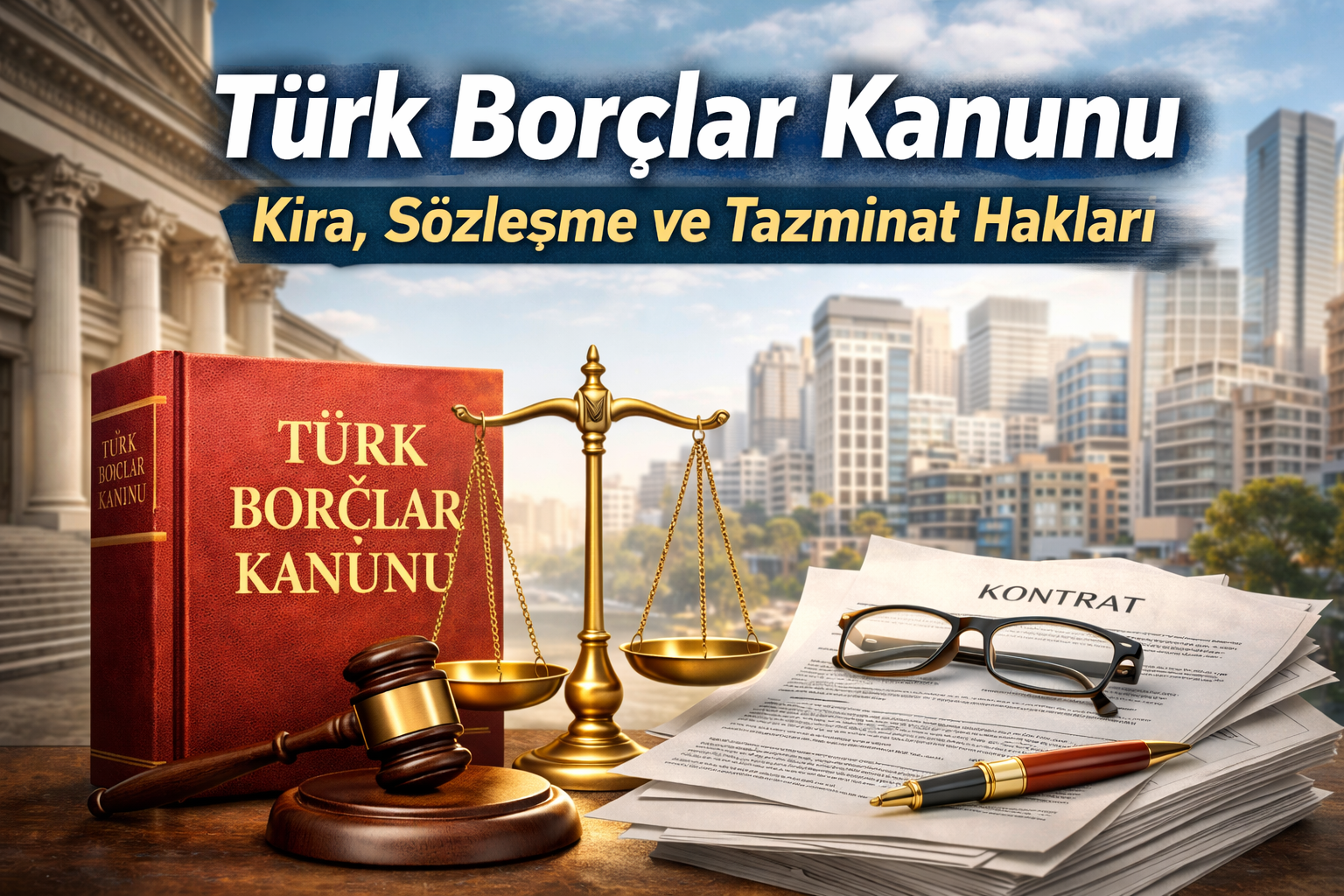 Türk Borçlar Kanunu kapsamında kira sözleşmesi ve tazminat haklarını temsil eden hukuk temalı kapak görseli