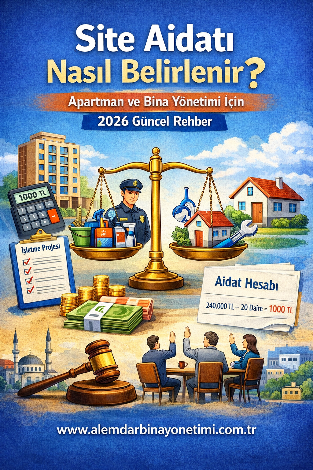 Site aidatı nasıl belirlenir? Apartman ve bina yönetiminde aidat hesaplama, işletme projesi ve Kat Mülkiyeti Kanunu kapsamında aidat belirleme sürecini anlatan görsel.