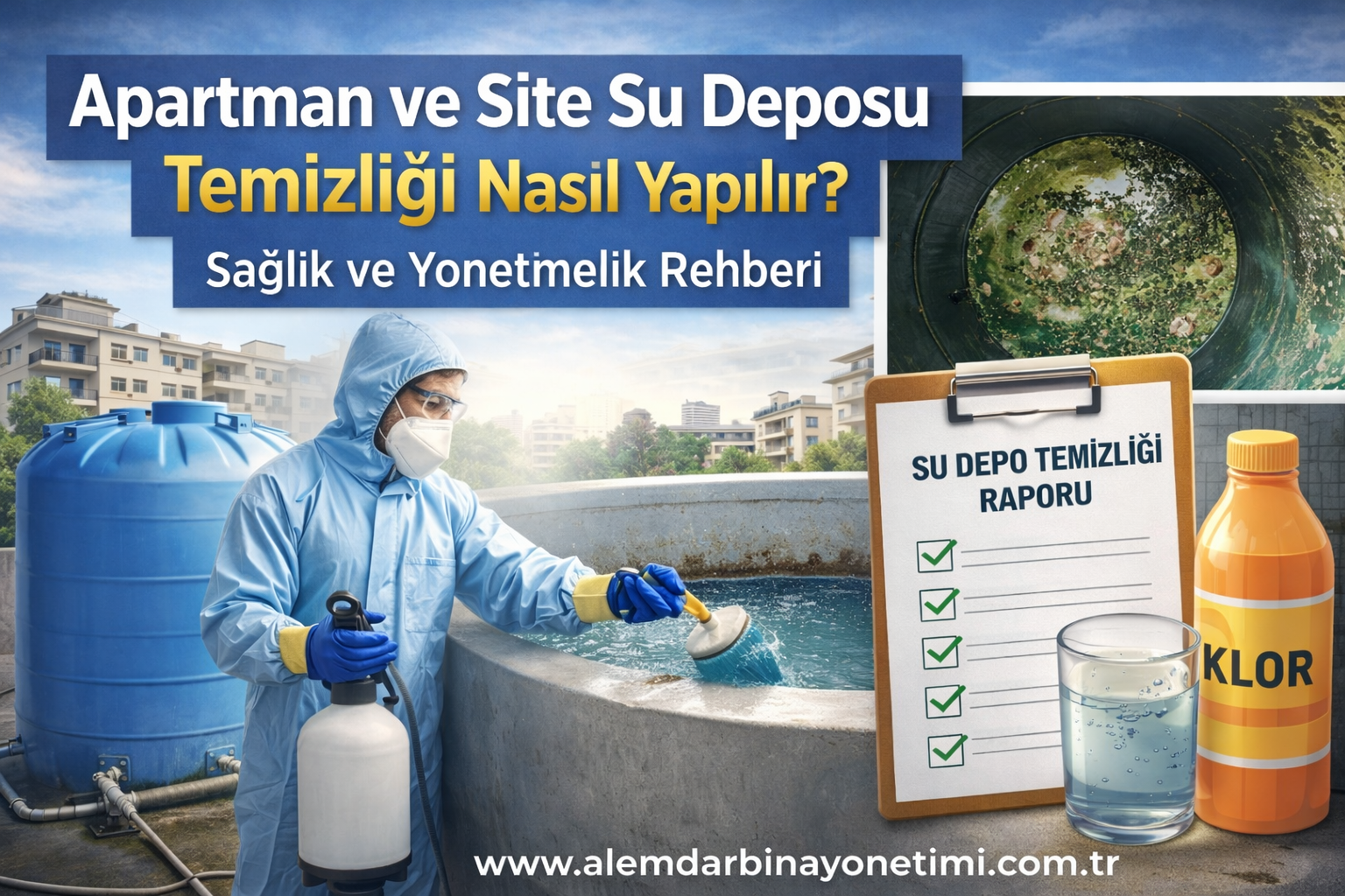 Apartman ve site su deposu temizliği nasıl yapılır, bina su deposu temizleme işlemi ve hijyen kuralları hakkında bilgilendirici görsel