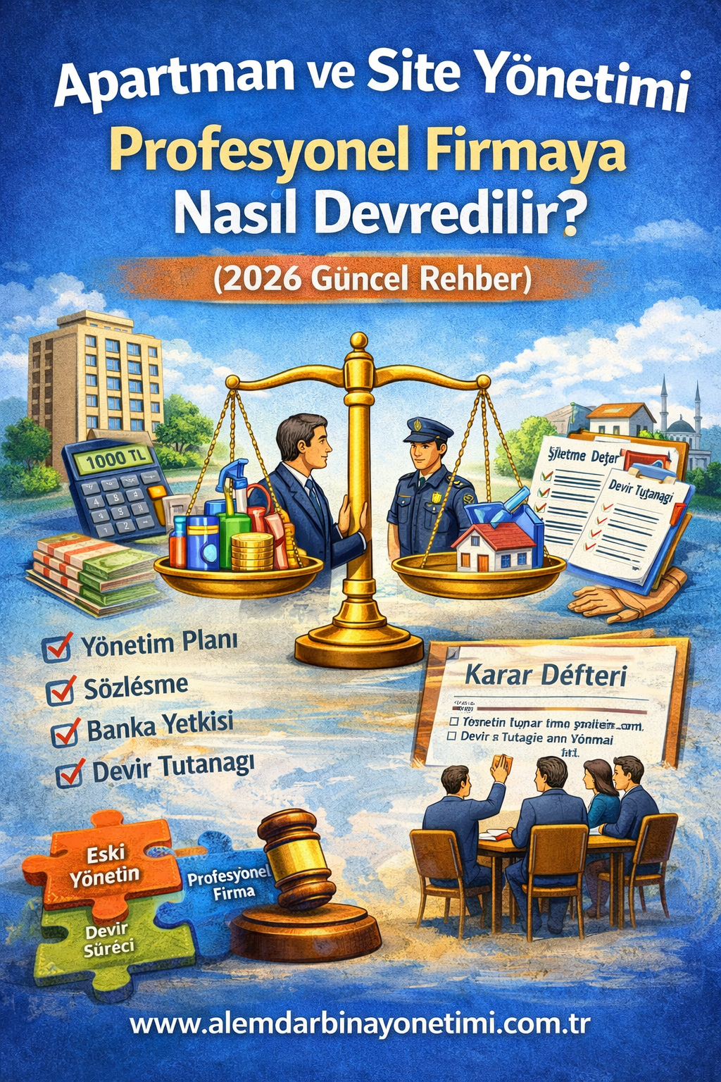 Apartman ve site yönetiminin profesyonel bina yönetimi firmasına devredilme sürecini anlatan görsel – Kat malikleri kurulu kararı, yönetim sözleşmesi ve devir süreci