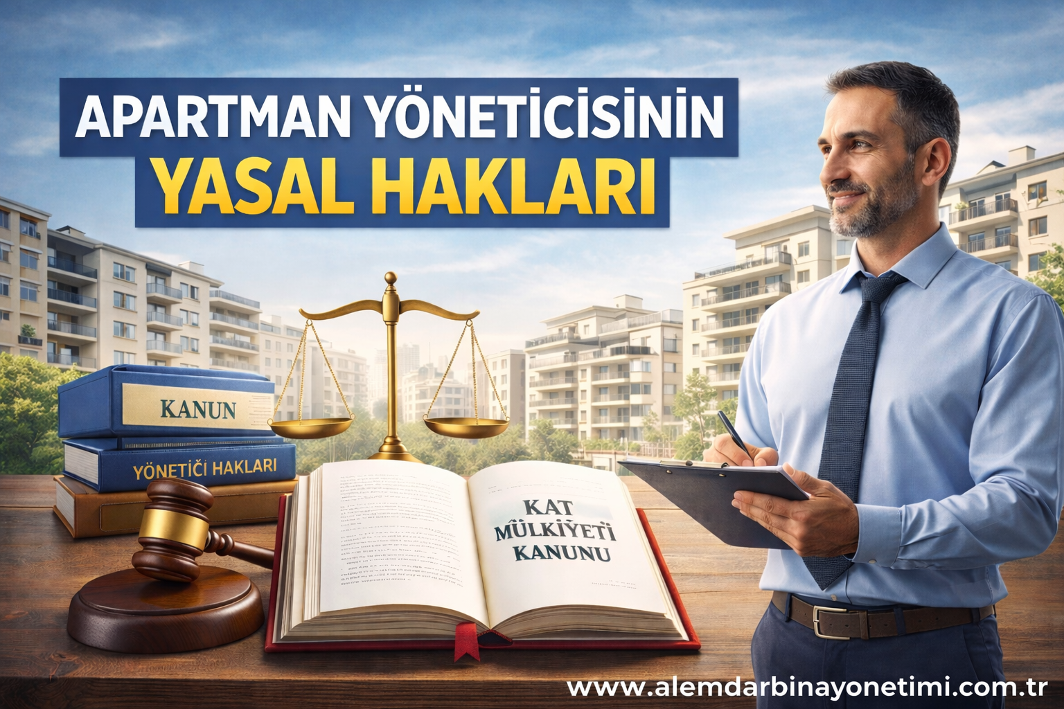 Apartman yöneticisinin yasal hakları ve Kat Mülkiyeti Kanunu kapsamında apartman yönetimi görevleri hakkında bilgilendirici görsel