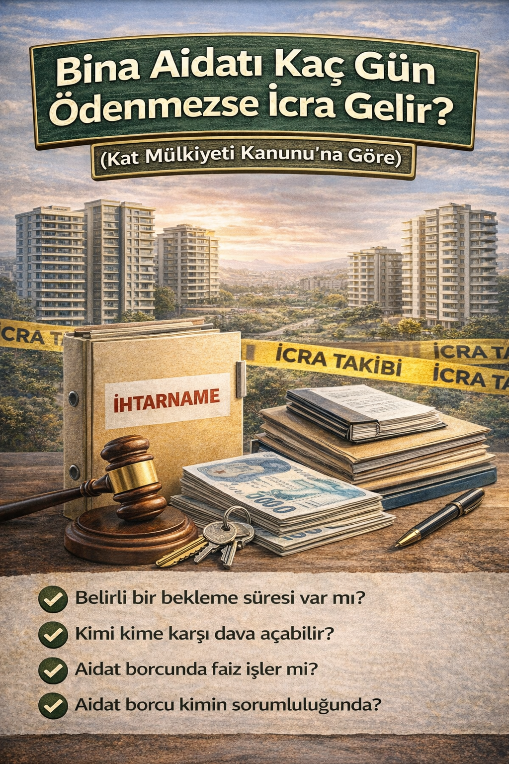 Bina aidatı ödenmediğinde icra sürecini anlatan apartman ve hukuki belge görseli