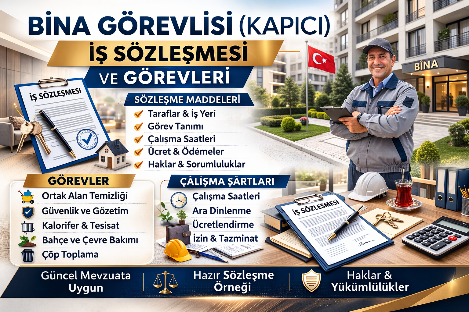 Bina görevlisi (kapıcı) iş sözleşmesi ve görevlerini anlatan bina yönetimi görseli