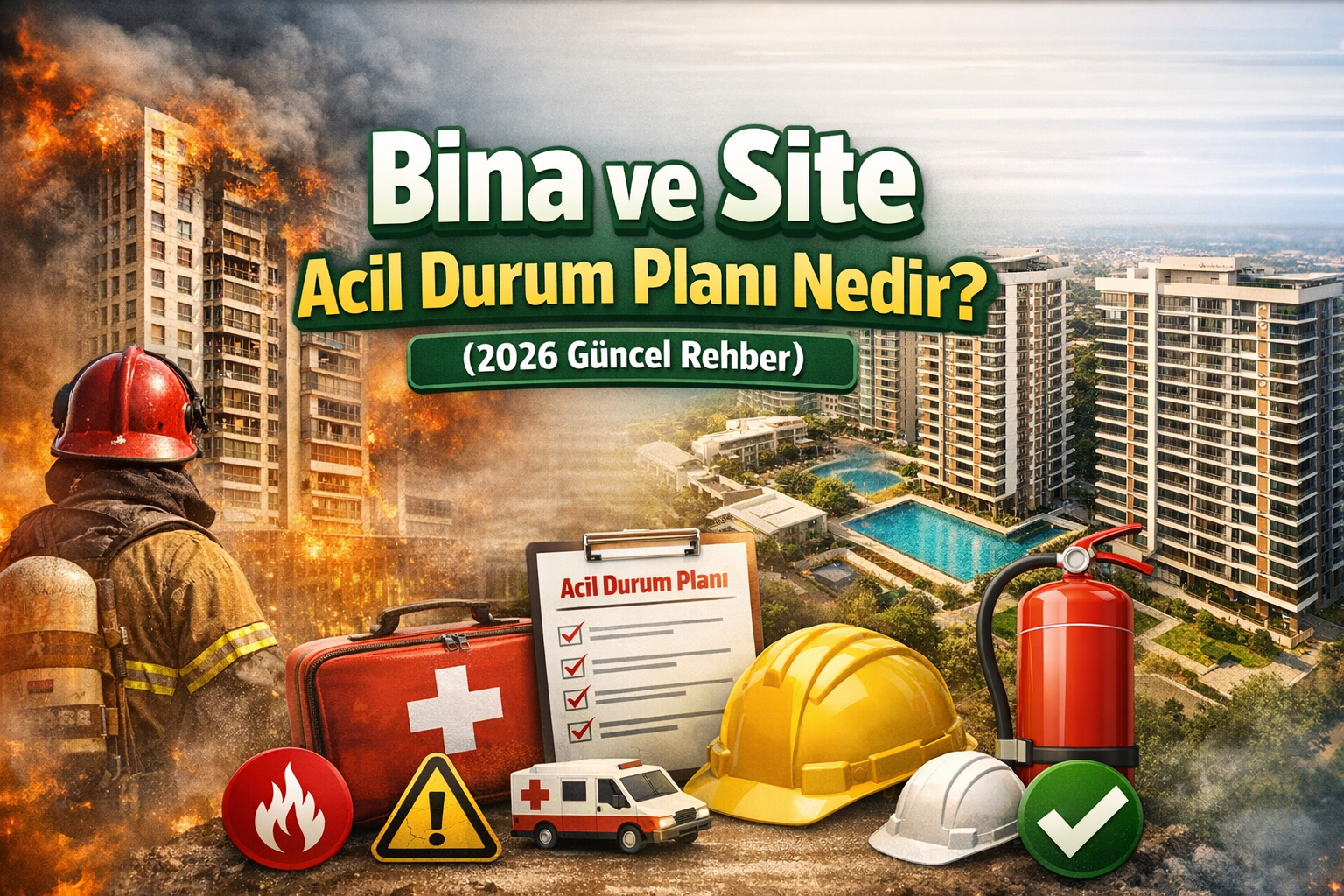 Bina ve site acil durum planı, yangın, deprem ve tahliye senaryolarını gösteren bina yönetimi görseli