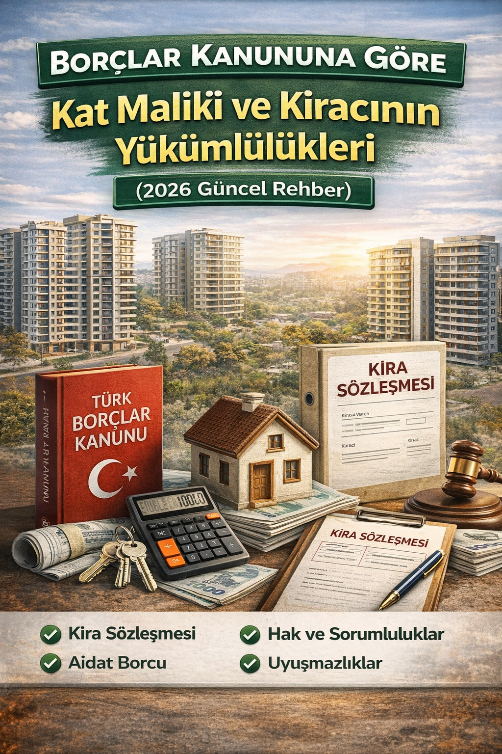 Borçlar Kanunu’na göre kat maliki ve kiracının kira sözleşmesi kapsamındaki hak ve yükümlülüklerini anlatan bina yönetimi görseli