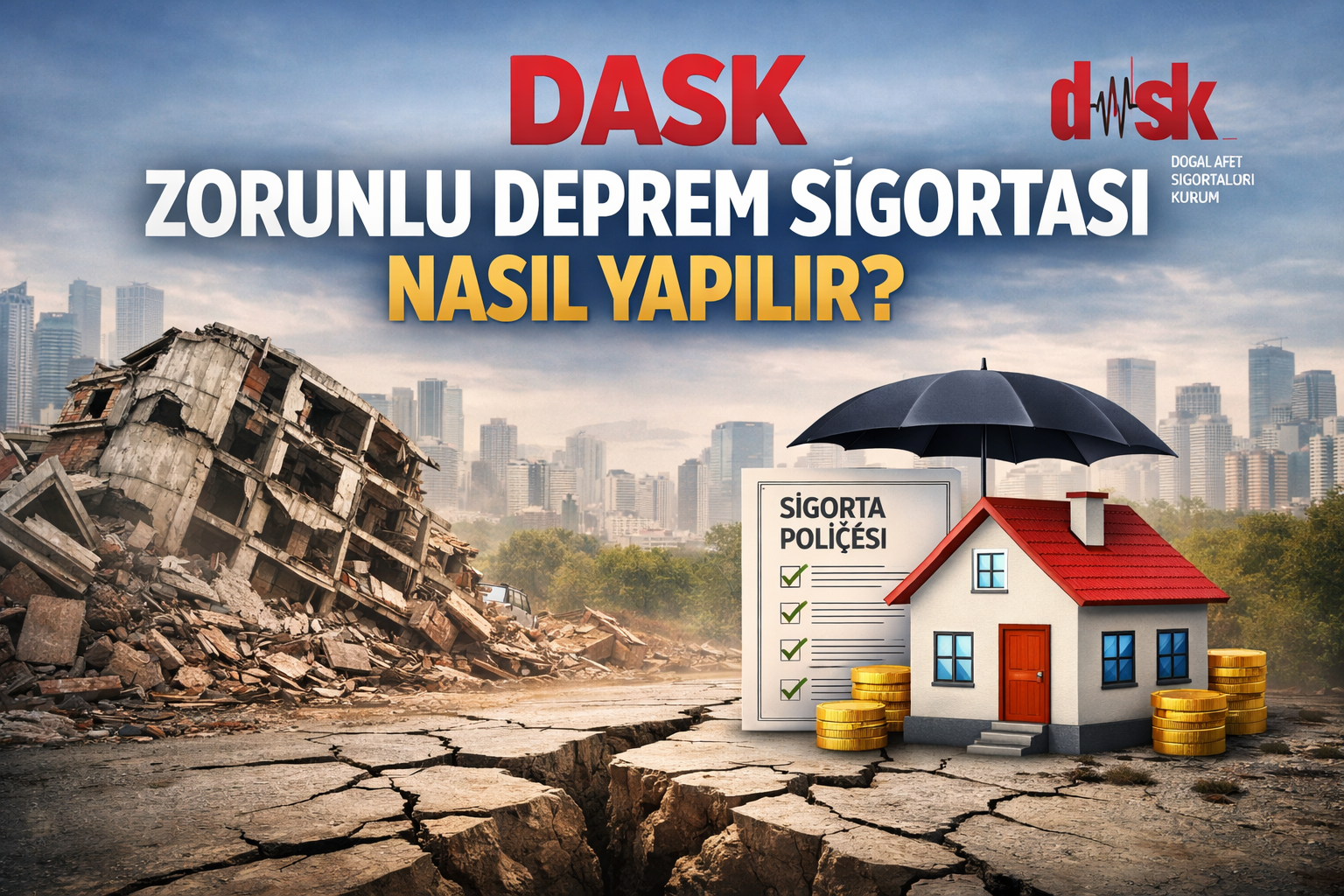 DASK zorunlu deprem sigortası nasıl yapılır, deprem sigortası başvuru süreci ve bina güvenliği hakkında bilgilendirici görsel