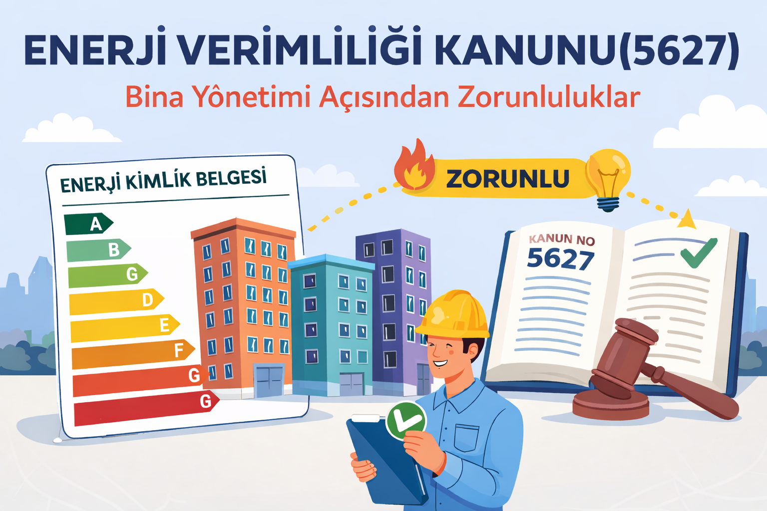 Enerji Verimliliği Kanunu 5627 kapsamında bina yönetiminin enerji kimlik belgesi ve zorunluluklarını anlatan infografik görsel