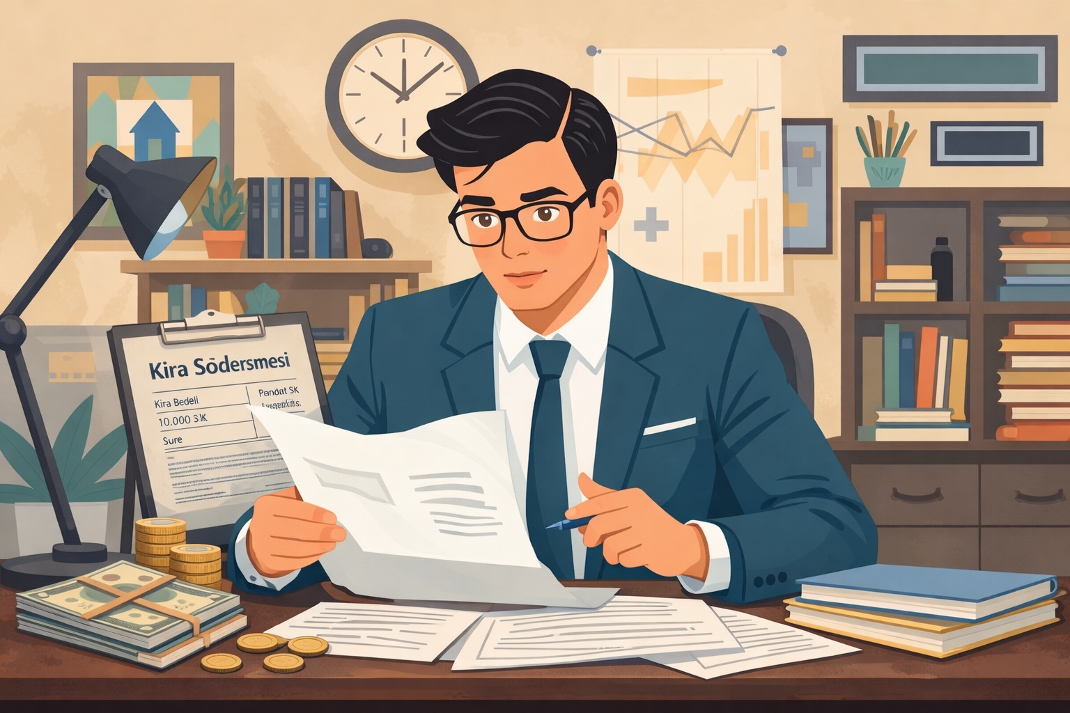 Kapıcı dairesinin kiraya verilmesi ve kira gelirinin vergi bildirimi işlemlerini inceleyen apartman yönetimi ve muhasebe süreci görseli