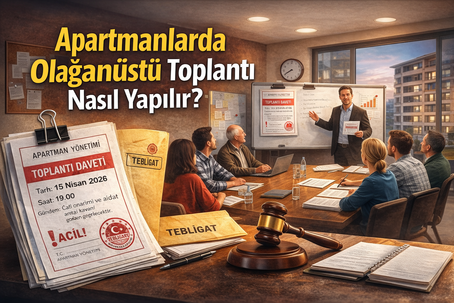 Apartmanlarda olağanüstü toplantı çağrı usulü ve kat malikleri kurulu sürecini gösteren bina yönetimi görseli