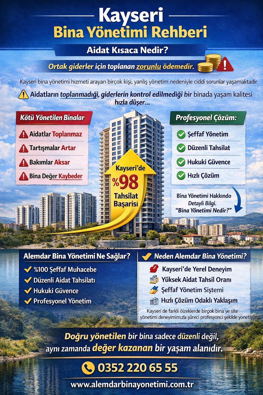 Aidat nedir nasıl hesaplanır sorusuna cevap veren Kayseri bina yönetimi hizmeti kapsamında hazırlanmış detaylı rehber görseli