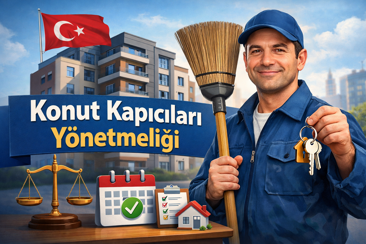 Konut kapıcıları yönetmeliği kapsamında kapıcının görevleri, apartman bina yönetimi ve kapıcı haklarını anlatan temsili görsel