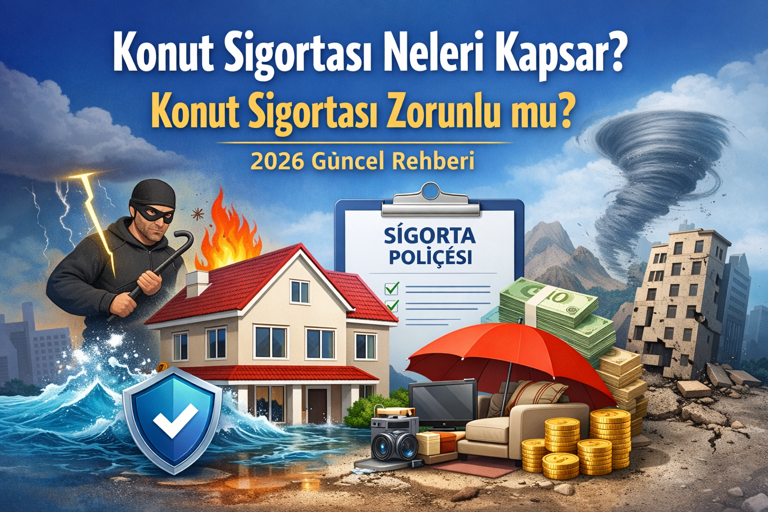 Konut sigortası neleri kapsar ve konut sigortası zorunlu mu sorularını anlatan ev sigortası teminatları görseli