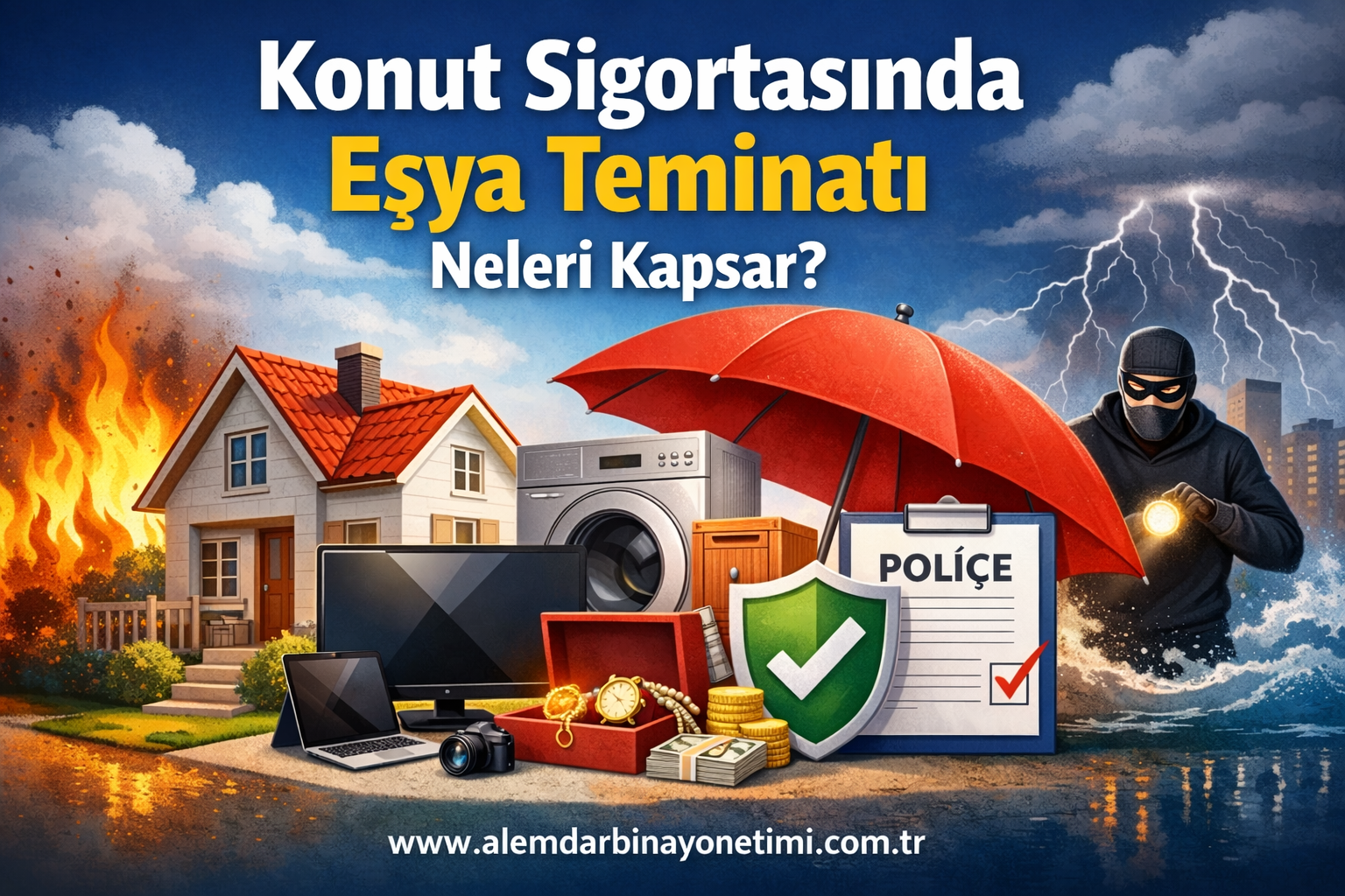 Konut sigortasında eşya teminatı, evde bulunan mobilya, beyaz eşya ve elektronik eşyaların yangın, hırsızlık ve doğal afetlere karşı korunmasını anlatan görsel