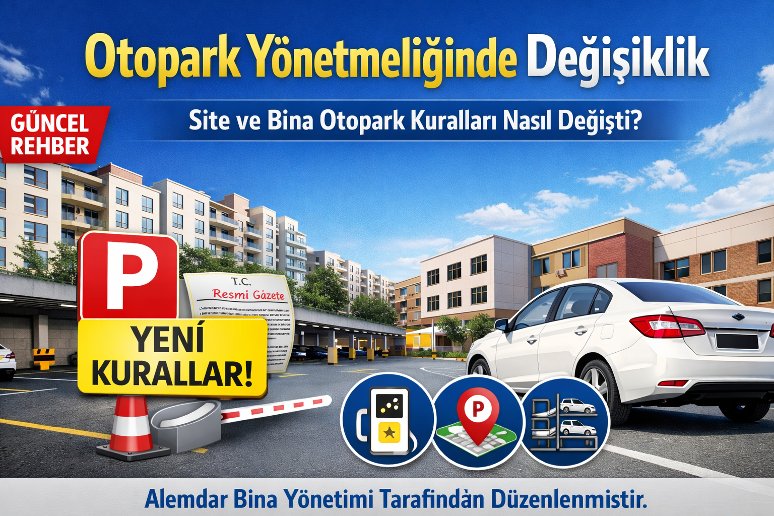 2025 otopark yönetmeliği değişikliklerini gösteren kapak görseli, elektrikli araç şarj alanı ve ortak otopark uygulaması