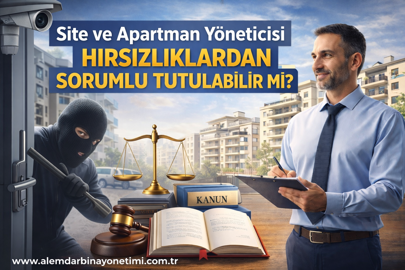 Site ve apartman yöneticisinin hırsızlıklardan sorumlu olup olmadığı, güvenlik sorumluluğu ve Yargıtay kararları hakkında bilgilendirici görsel