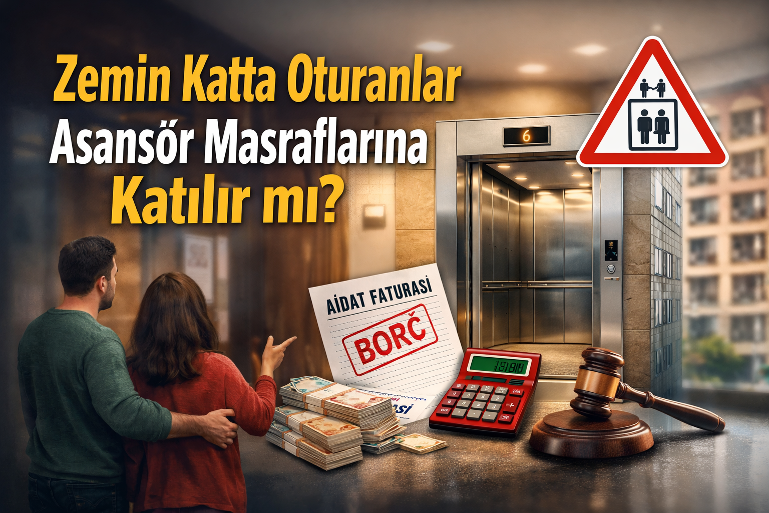 Zemin katta oturanların asansör masrafı ödeme zorunluluğunu anlatan bina yönetimi görseli