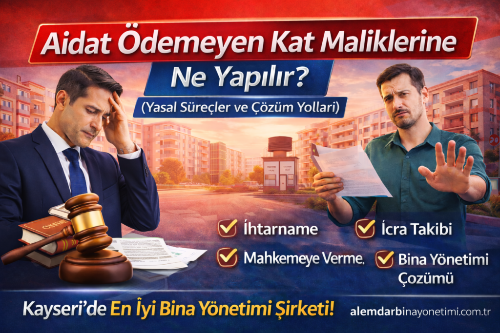 Aidat ödemeyen kat maliklerine ihtarname ve icra sürecini anlatan bina yönetimi görseli